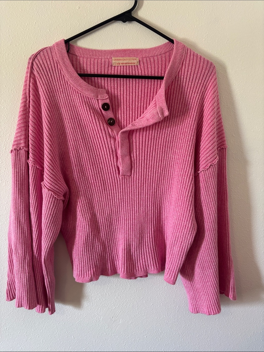 Urban Outfitters Bright Pink Ribbed Henley Long Sleeve Top